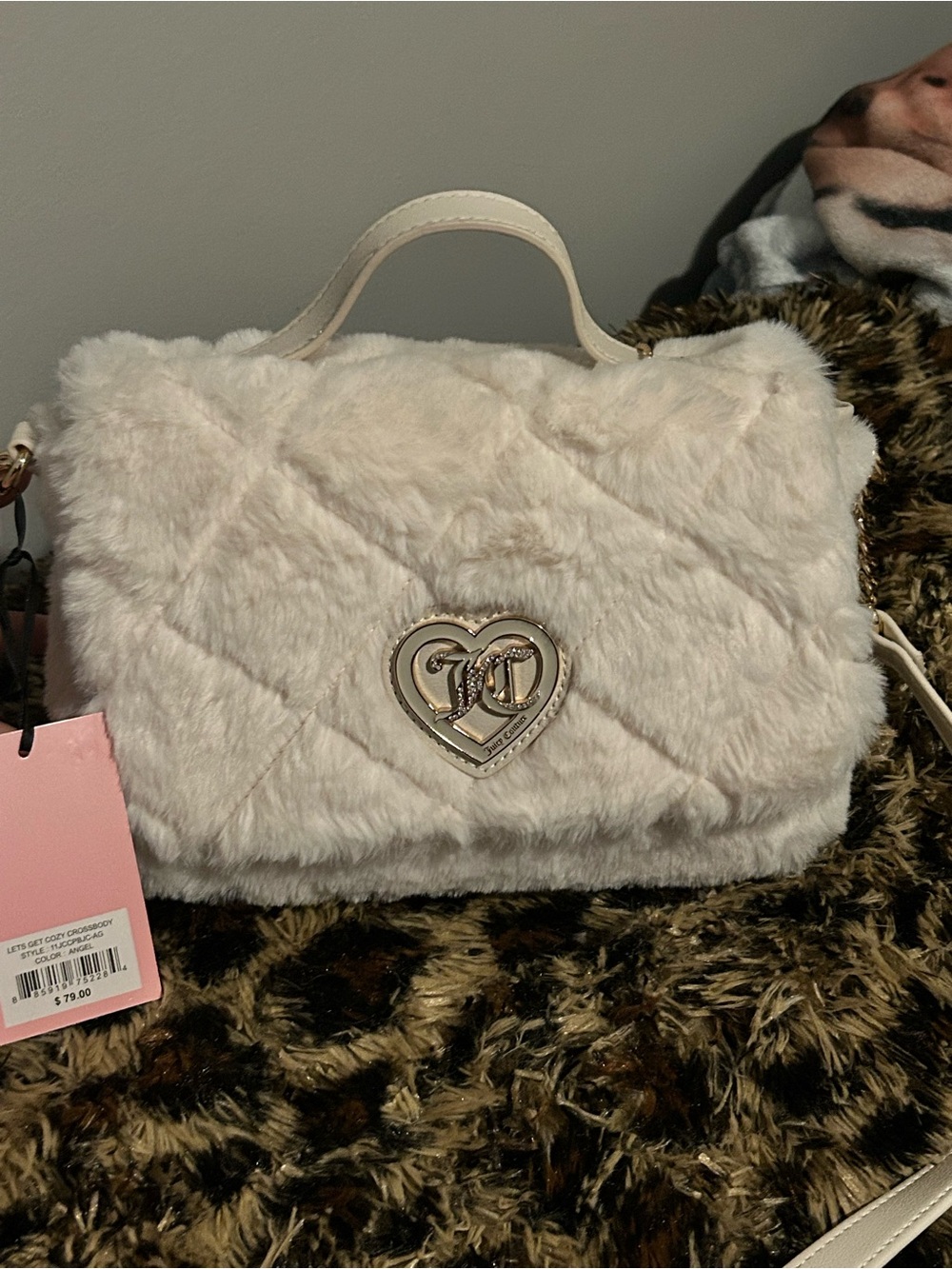 Juicy Couture Cream Faux Fur Quilted Heart-Emblem Crossbody